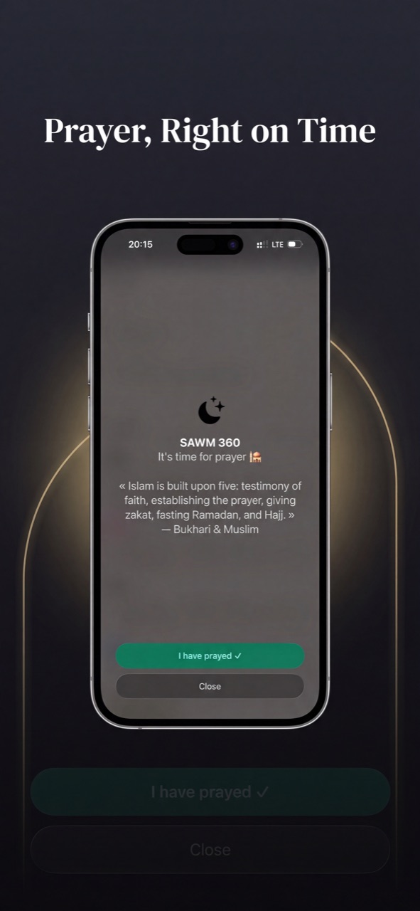 Prayer time notification in SAWM 360 with a hadith and an 'I have prayed' button
