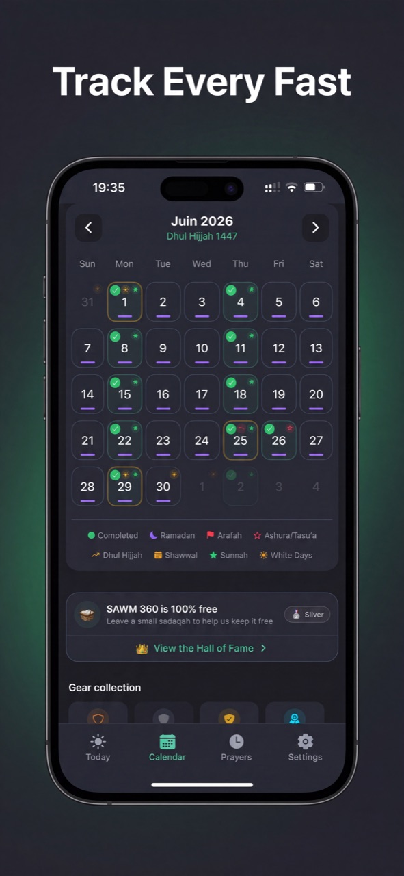 SAWM 360 fasting calendar showing completed sunnah fasts on a dual Hijri and Gregorian calendar