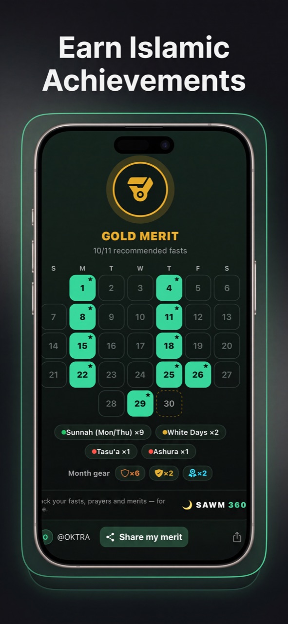 Gold Merit achievement card in SAWM 360 showing 10 of 11 recommended fasts completed