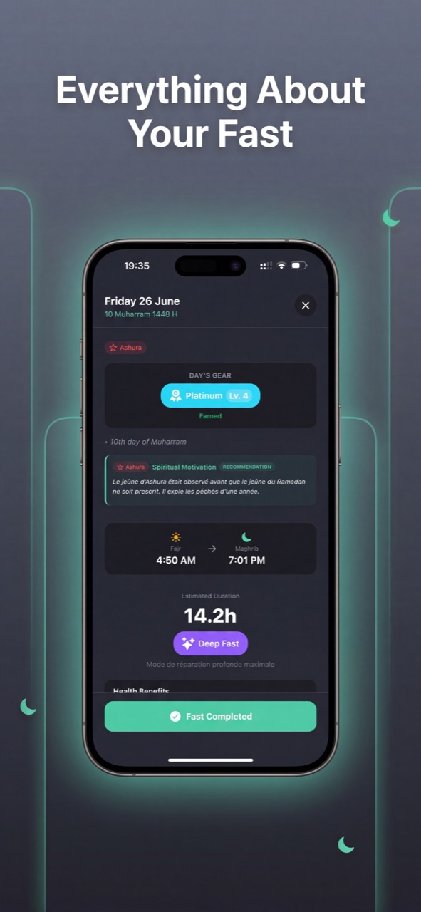 Fast detail screen showing Fajr to Maghrib window, 14.2 hour duration, Deep Fast mode and health benefits